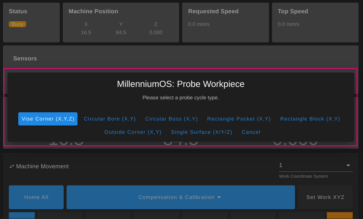 MillenniumOS probe cycle selection dialog box