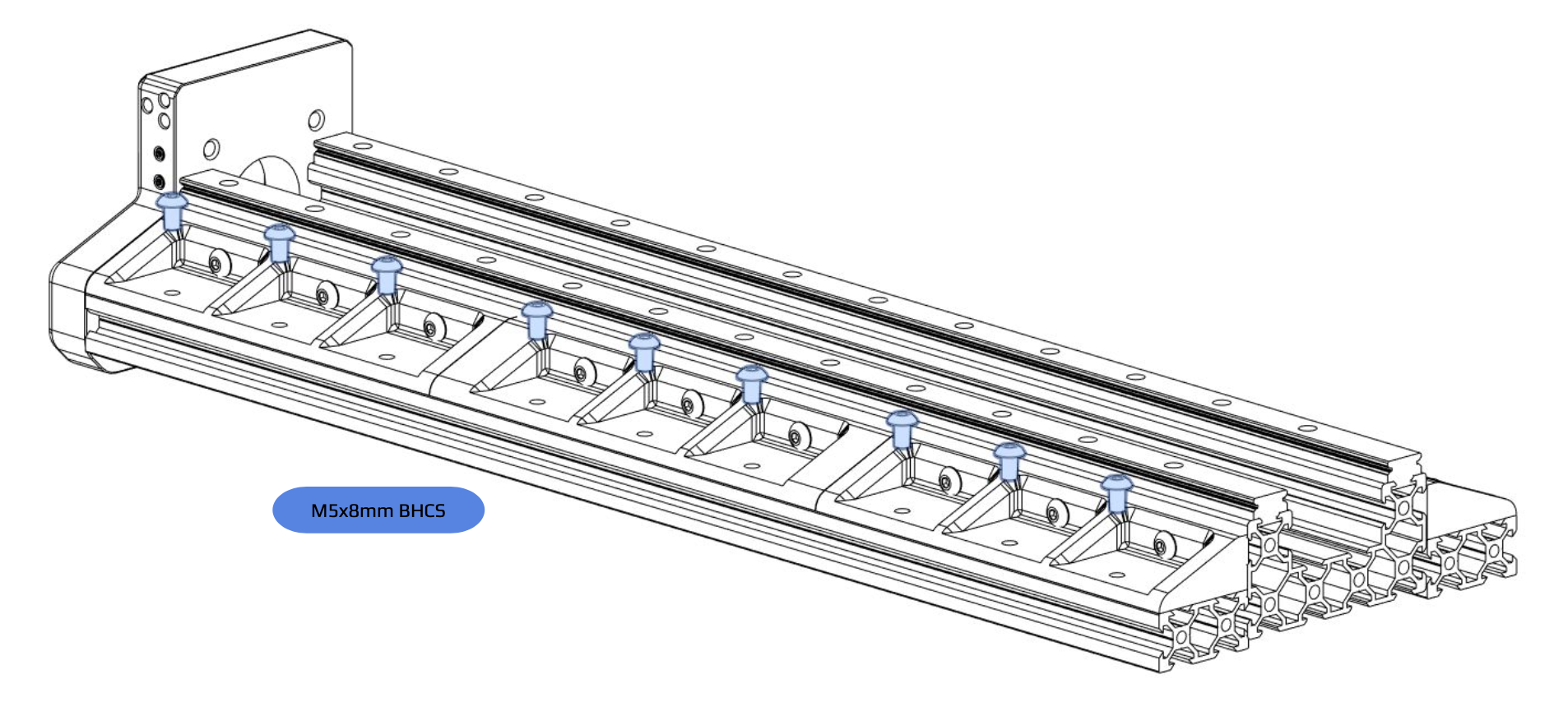 fasten the X-Axis table support to the spring t-nut in 500mm 2040 extrusions using 18 M5x8mm BHCS