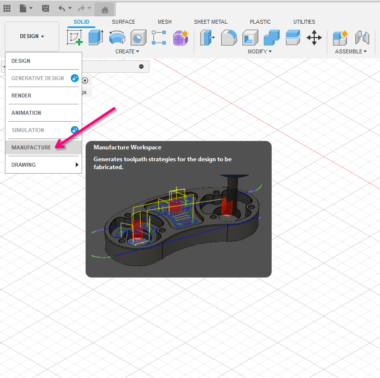 Location of the MANUFACTURE workbench in F360