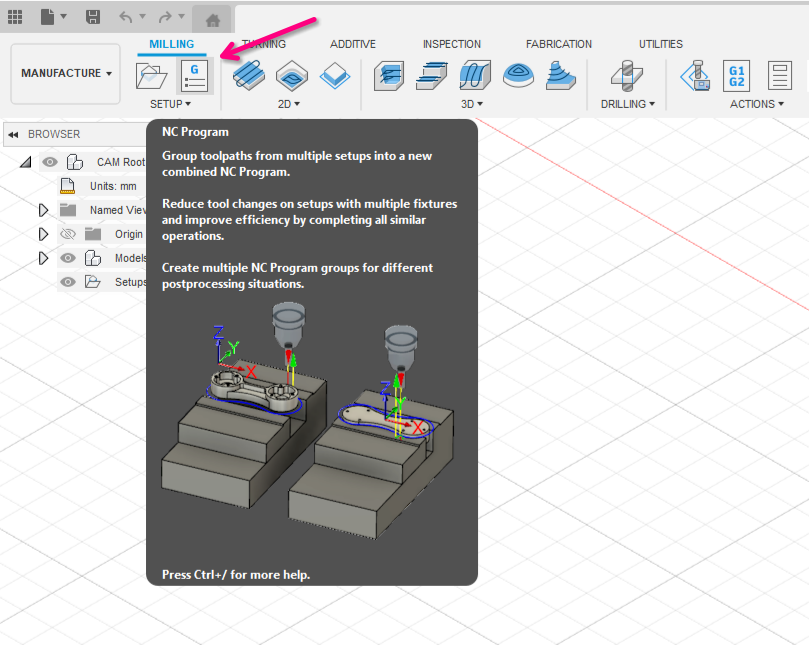 Location of the NC Program button in F360