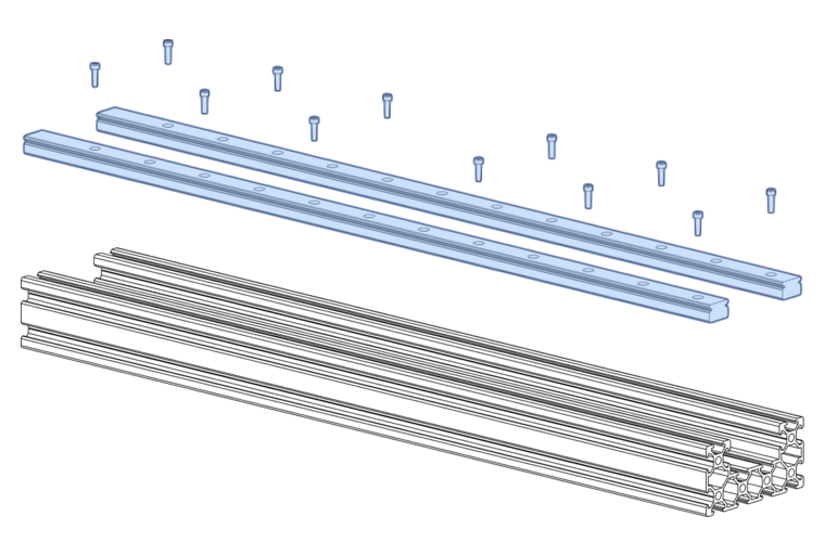 fasten the MGN15 500mm Rails to the 500mm extrusion screwing M3x10mm SHCS into the spring t-nuts inside the profile