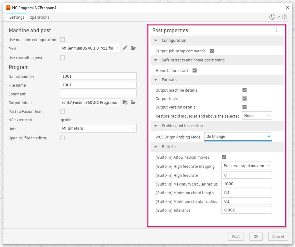 Configuring the post-processor in the Post properties section of F360